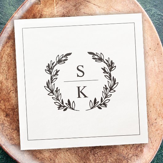 Schwarzer Weißer Lorbeerkranz Monogramm Hochzeit Serviette