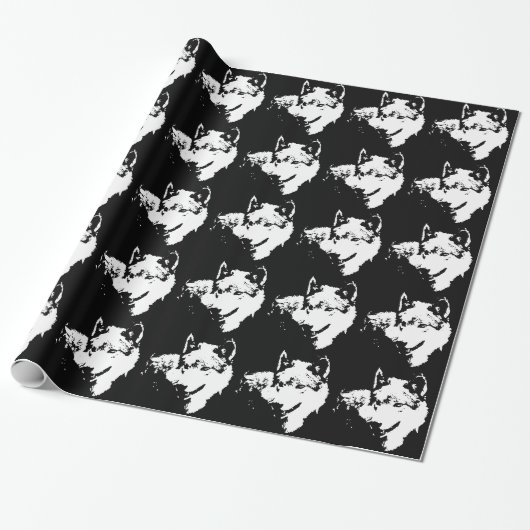 Schwarzer & weißer Pop Art Grau Wolf Geschenkpapier (Ungerollt)