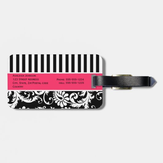 Schwarzer, weißer, rosa gestreifter gepäckanhänger (Rückseite horizontal)
