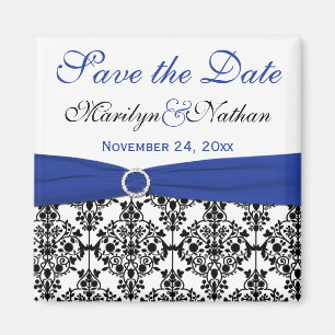 Schwarzer, weißer und blauer Damast-Save the Date Magnet