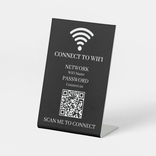 Schwarzer WiFi-QR-Code | Scannen zum Verbinden mit Sockelschild (Vorderseite)