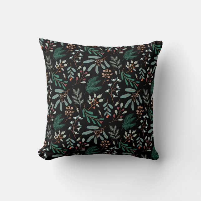 Schwarzer Winter Botanisches Muster Kissen (Vorderseite)