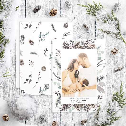 Schwarzer Winter Pinecone Botanicals Foto Feiertagskarte