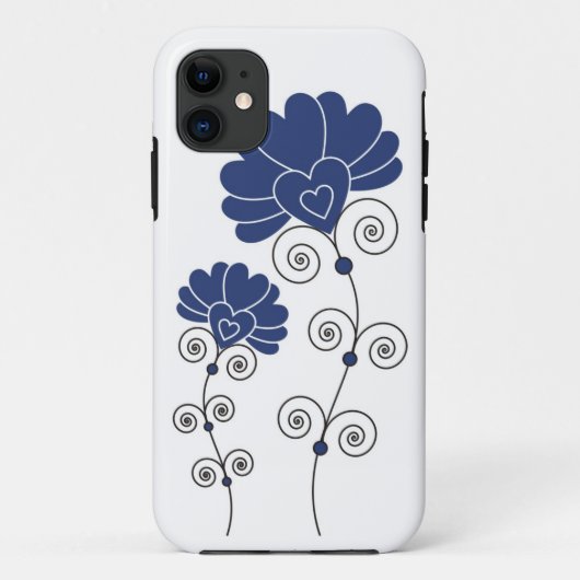 Schwarzer Wirbels-blaues Blumen-Muster - Weiß Case-Mate iPhone Hülle (Rückseite)