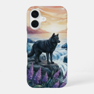 schwarzer Wolf am Wasserfall bei Sonnenaufgang iPhone 16 Hülle