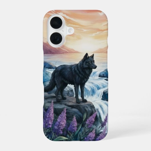 schwarzer Wolf am Wasserfall bei Sonnenaufgang iPhone 16 Hülle (Rückseite)