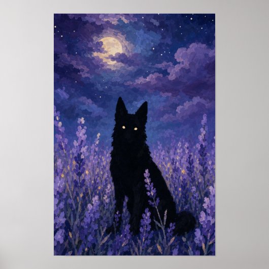 Schwarzer Wolf auf Lavendelfeld Poster (Vorne)