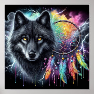 Schwarzer Wolf Dreamcatcher Mystisch Kosmische Wil Poster