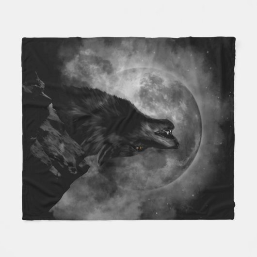 Schwarzer Wolf Howling Black & White Fleecedecke (Vorderseite (Horizontal))