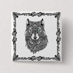 Schwarzer Wolf-Illustration und Vintager Schwarzer Button
