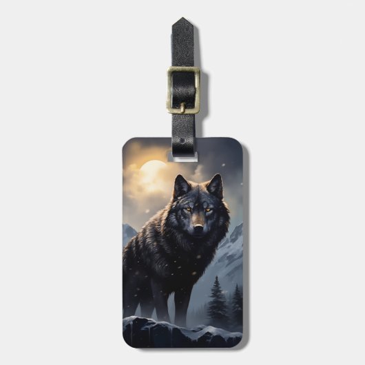 Schwarzer Wolf im Snowy Mountains Gepäckanhänger (Vorderseite vertikal)