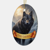 Schwarzer Wolf im Snowy Mountains Keramik Ornament (Links)
