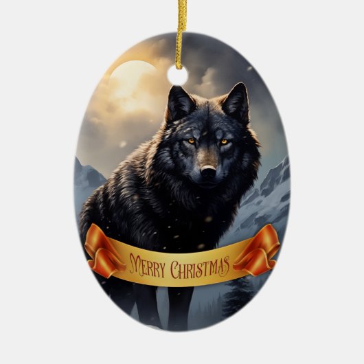 Schwarzer Wolf im Snowy Mountains Keramik Ornament (Vorne)