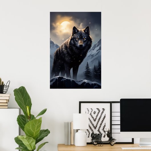 Schwarzer Wolf im Snowy Mountains Poster (Heimbüro)