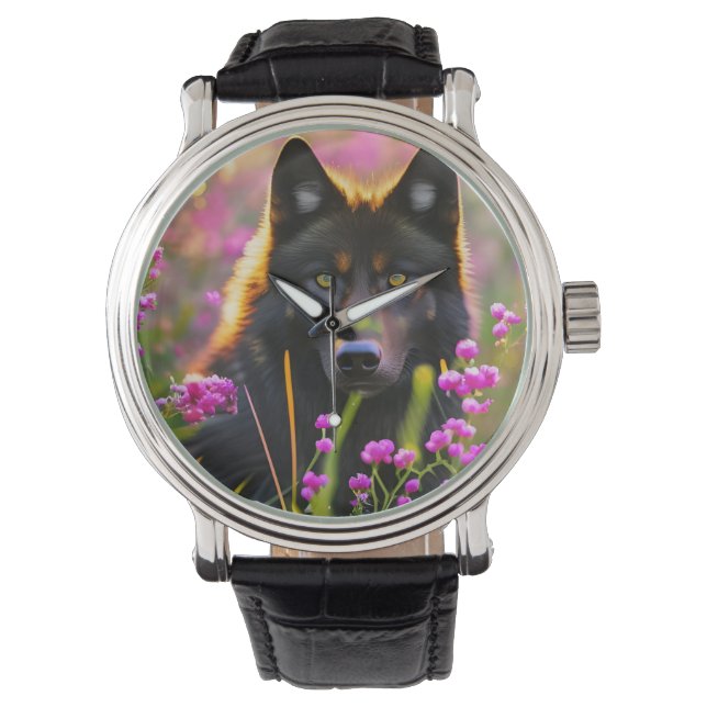 Schwarzer Wolf in rosa Blume Armbanduhr (Vorderseite)