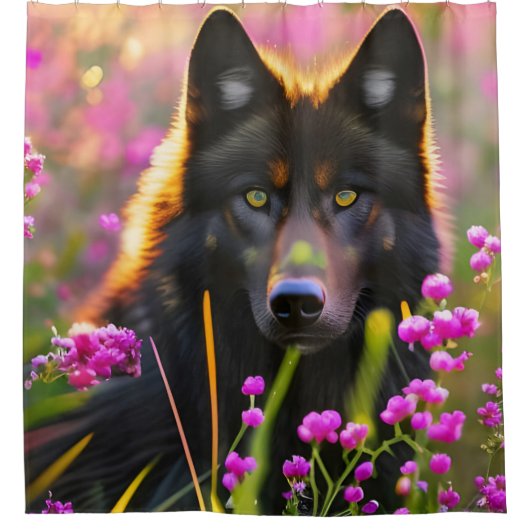 Schwarzer Wolf in rosa Blume Duschvorhang (Vorderseite)
