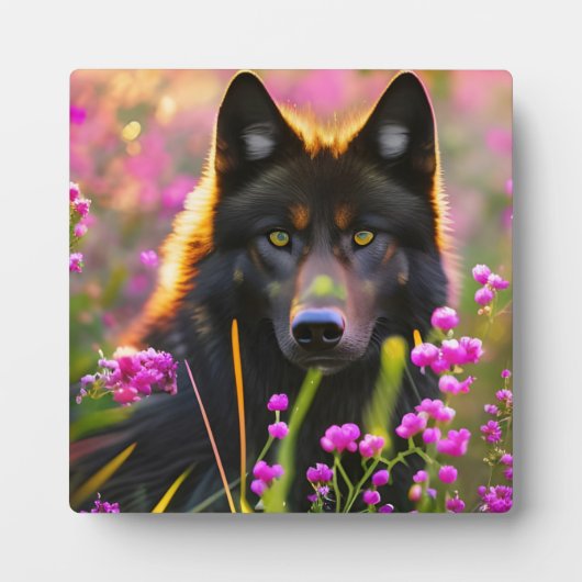 Schwarzer Wolf in rosa Blume Fotoplatte (Vorderseite)