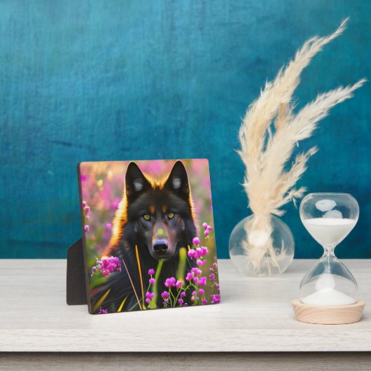 Schwarzer Wolf in rosa Blume Fotoplatte (InSitu)