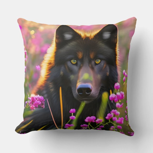Schwarzer Wolf in rosa Blume Kissen (Vorderseite)