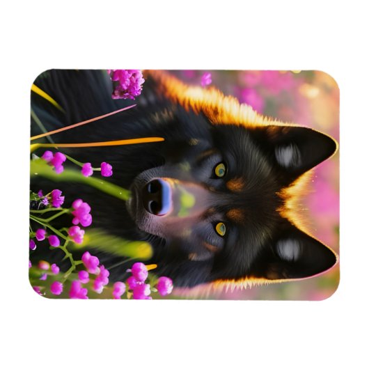 Schwarzer Wolf in rosa Blume Magnet (Horizontal)