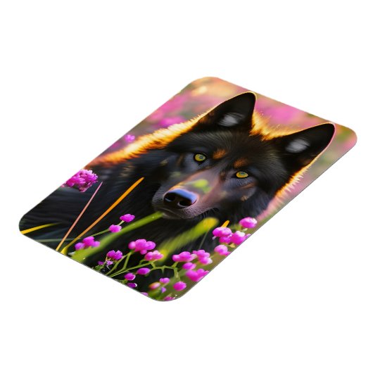 Schwarzer Wolf in rosa Blume Magnet (Linke Seite)