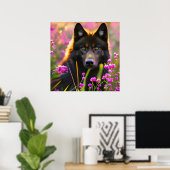 Schwarzer Wolf in rosa Blume Poster (Heimbüro)