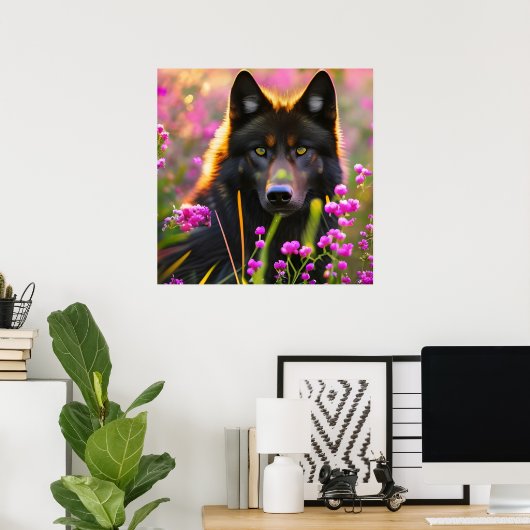 Schwarzer Wolf in rosa Blume Poster (Heimbüro)