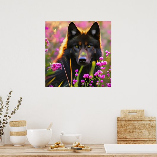 Schwarzer Wolf in rosa Blume Poster (Küche)