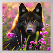 Schwarzer Wolf in rosa Blume Poster (Vorne)
