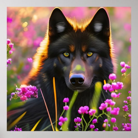 Schwarzer Wolf in rosa Blume Poster (Vorne)