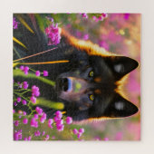 Schwarzer Wolf in rosa Blume Puzzle (Horizontal)