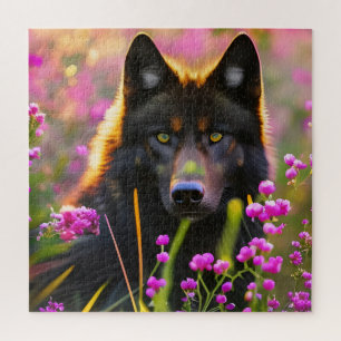 Schwarzer Wolf in rosa Blume Puzzle