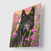 Schwarzer Wolf in rosa Blume Quadratische Wanduhr (Winkel)
