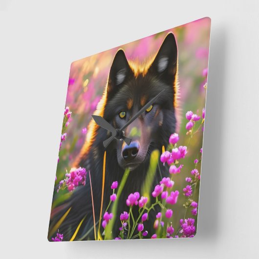 Schwarzer Wolf in rosa Blume Quadratische Wanduhr (Winkel)