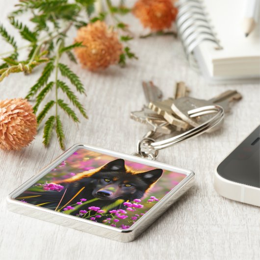 Schwarzer Wolf in rosa Blume Schlüsselanhänger (Seite)