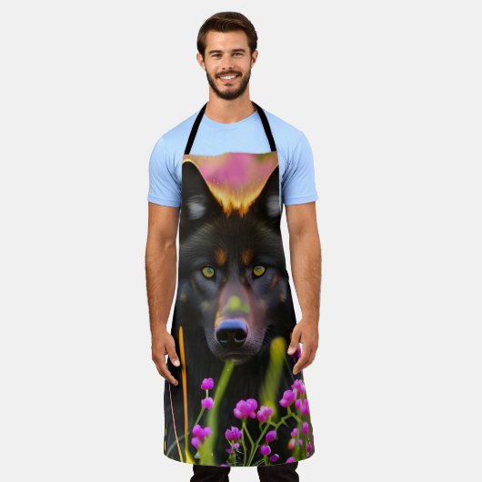 Schwarzer Wolf in rosa Blume Schürze (Getragen)