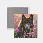 Schwarzer Wolf in rosa Blumen Magnet (Vorderseite/Rückseite)