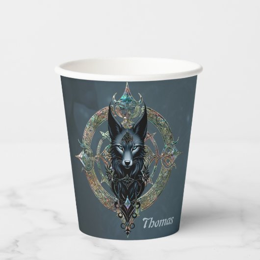 Schwarzer Wolf Kopf mit durchstechenden blauen Aug Pappbecher (Vorderseite)