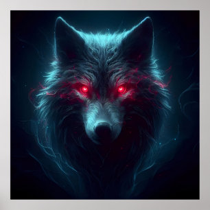Schwarzer Wolf leuchten rote Augen und glühendes F Poster