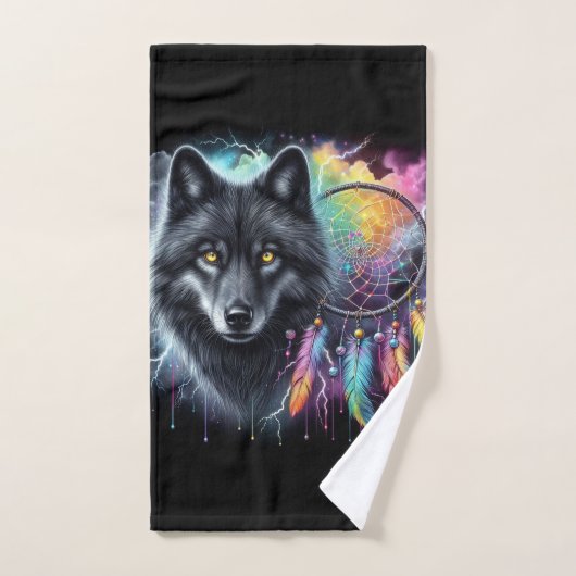 Schwarzer Wolf mit einem Dreamcatcher Badhandtuch Set (Handtuch)