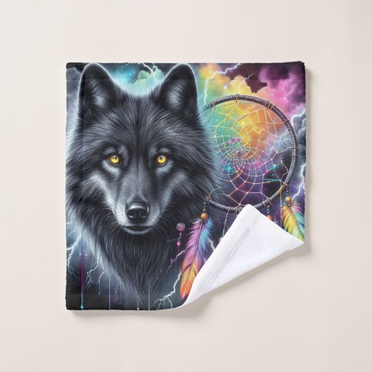 Schwarzer Wolf mit einem Dreamcatcher Badhandtuch Set (Waschlappen)