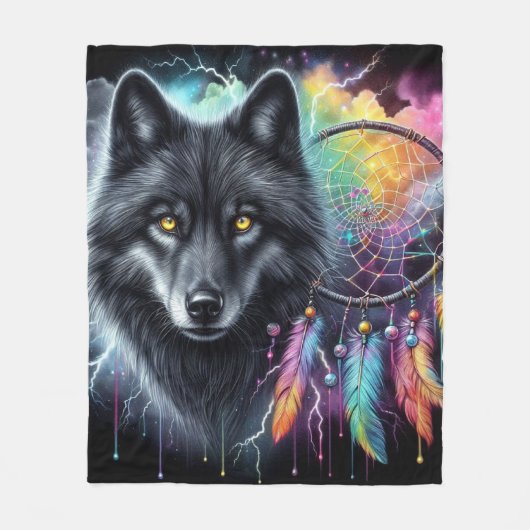 Schwarzer Wolf mit einem Dreamcatcher Fleecedecke (Vorderseite)