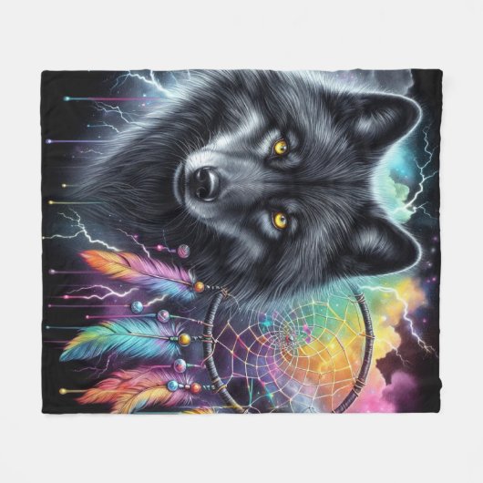 Schwarzer Wolf mit einem Dreamcatcher Fleecedecke (Vorderseite (Horizontal))