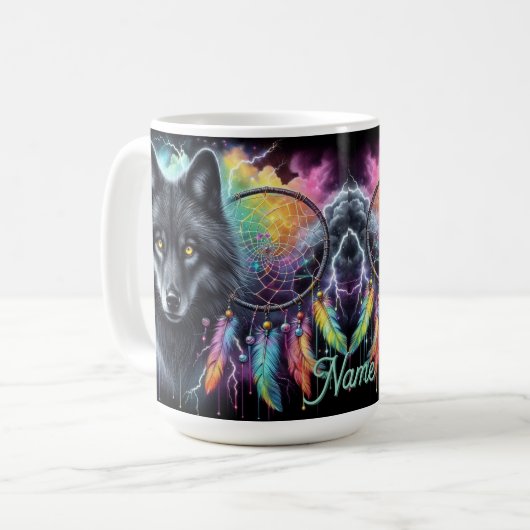 Schwarzer Wolf mit einem Dreamcatcher Kaffeetasse (Vorderseite Links)