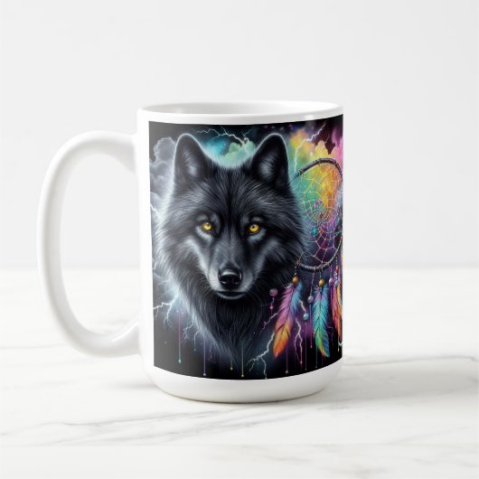 Schwarzer Wolf mit einem Dreamcatcher Kaffeetasse (Links)