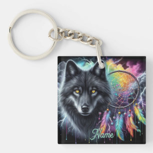 Schwarzer Wolf mit einem Dreamcatcher Schlüsselanhänger