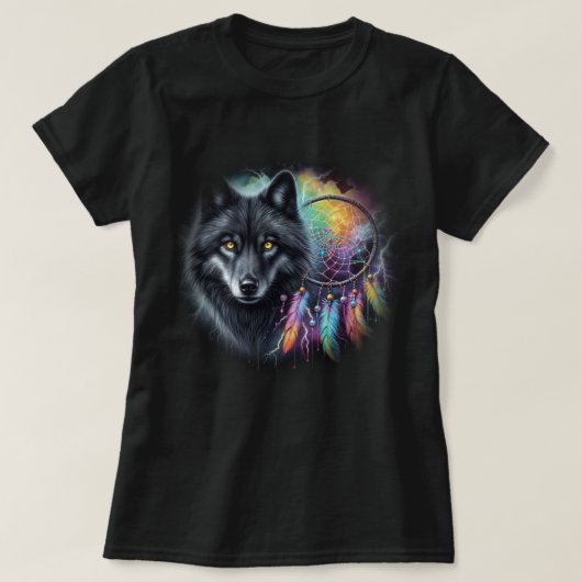 Schwarzer Wolf mit einem Dreamcatcher T-Shirt (Design vorne)