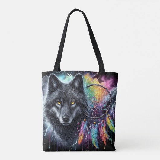 Schwarzer Wolf mit einem Dreamcatcher Tasche (Rückseite)