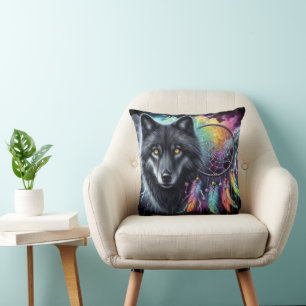 Schwarzer Wolf mit Traumfänger Kissen