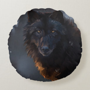Schwarzer Wolf Rundes Kissen